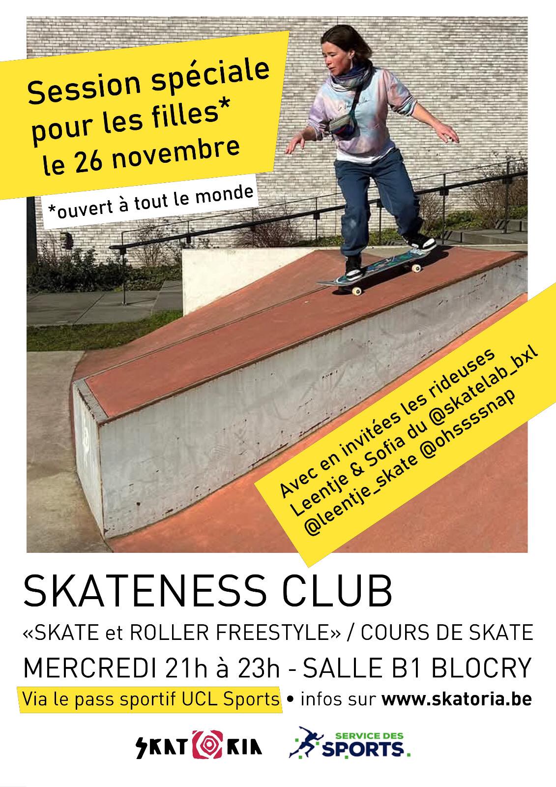 Leentje; skateuse faisant un drop, visuel de la session spéciale pour les filles